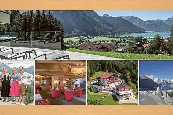 Hotel Prospekt Seite 2 – Terrasse, Gastgeberfamilie und Ausblick auf Achensee
