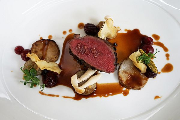 Zartes Wildgericht mit Jus, Wurzelgemüse, Beeren und Pilzen kunstvoll auf weißem Teller angerichtet
