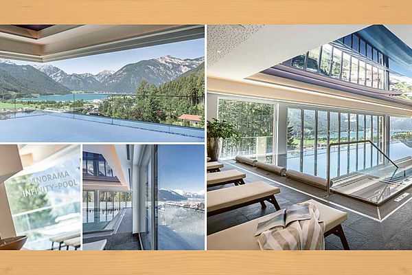 Hotel Prospekt Seite 7 – neuer Wellnessbereich mit Infinity-Pool und Ruheliegen