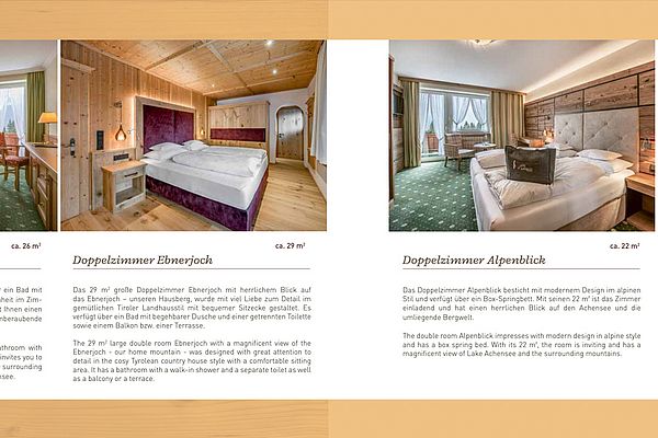 Hotel Prospekt Seite 10 – stilvolle Doppelzimmer mit Ausblick auf Achensee und Berge