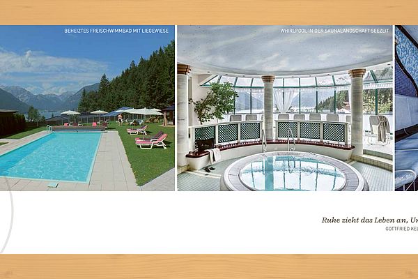 Hotel Prospekt Seite 6 – Freibad, Whirlpool und Dampfbad im Wellnessbereich